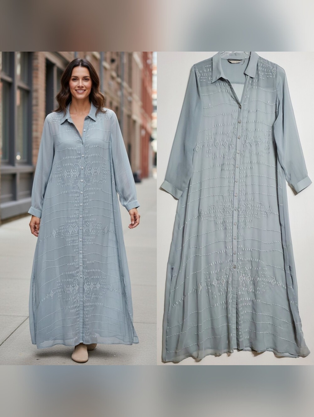 Soft Surroundings medium Ibiza embroidered sheer chiffon maxi dress gray boho